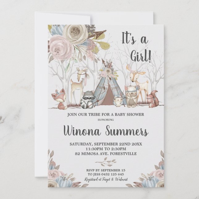 Invitation Whimsical Tribal Woodland Animaux Baby shower fill (Devant)