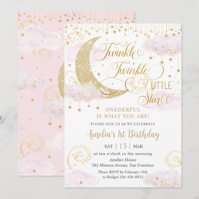 Invitation Whimsical Twinkle Little Star Rose 1er anniversair (Devant / Derrière)