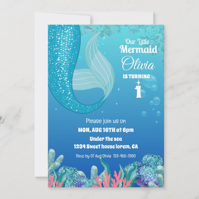 Invitation Whimsical Under the Sea Mermaid girl 1er anniversa (Devant)