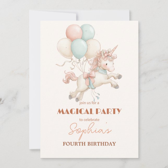 Invitation Whimsical Unicorn & Balloons Party (Devant)