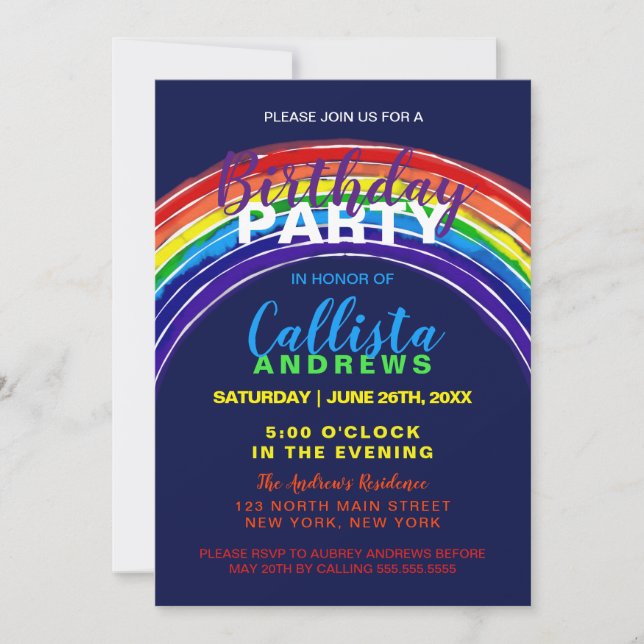 Invitation Whimsical Vibrant Rainbow Watercolor Anniversaire (Devant)