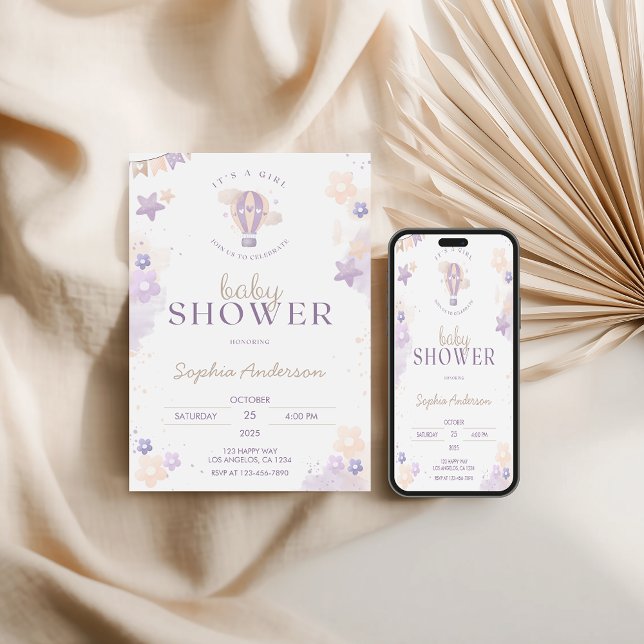 Invitation Whimsical violet à air chaud Baby shower de filles (Créateur téléchargé)