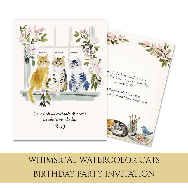 Invitation Whimsical Watercolor Cats Birthday Party | (Créateur téléchargé)