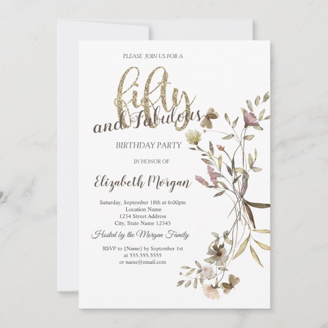 Invitation Whimsical Watercolor Fleur sauvage 50e anniversair (Devant)