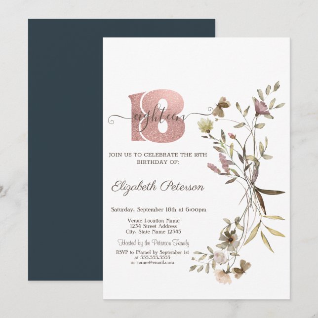 Invitation Whimsical Watercolor Fleurs sauvages 18e anniversa (Devant / Derrière)