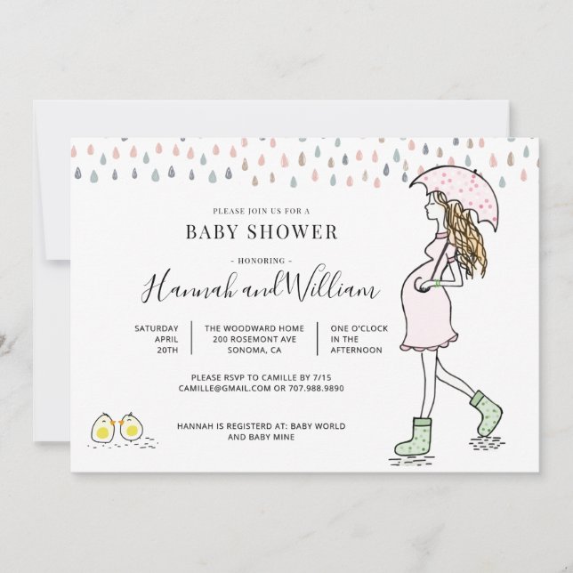 Invitation Whimsical Watercolor Rainy Day Baby Shower (Devant)
