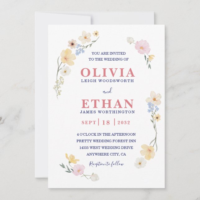 Invitation Whimsical Watercolor Wildflower Floral Spring (Devant)