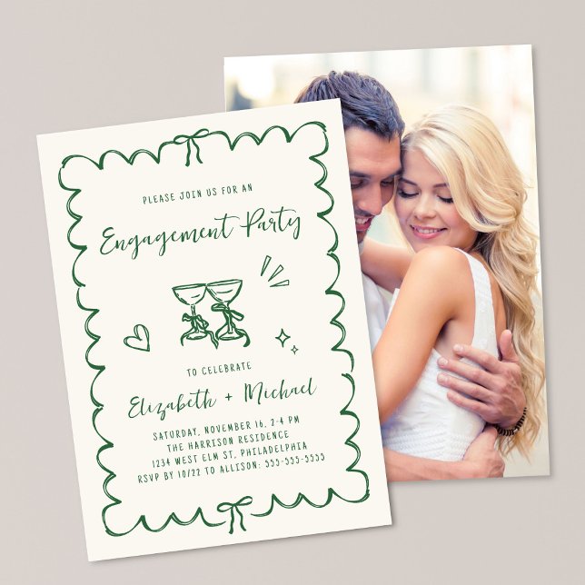 Invitation Whimsical Wavy Frame Photo Green Engagement Party (Créateur téléchargé)
