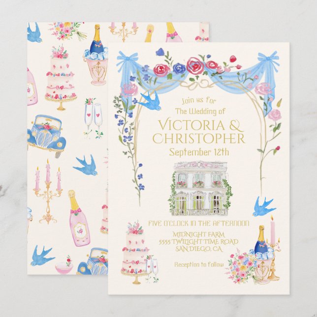 Invitation Whimsical Wedding French Chateau Mansion (Devant / Derrière)