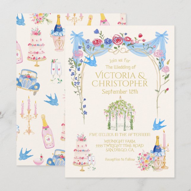 Invitation Whimsical Wedding French Floral Gazebo (Devant / Derrière)