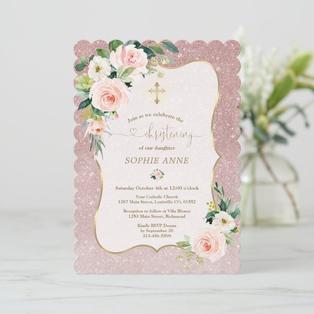 Invitation Whimsical White Rose Floral Gold Girlly Christenin (Debout devant)