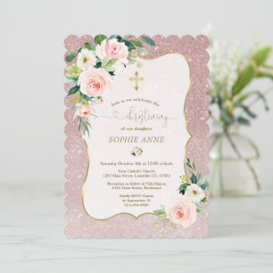 Invitation Whimsical White Rose Floral Gold Girlly Christenin