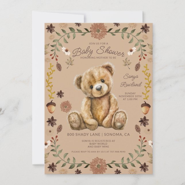 Invitation Whimsical Woodland Teddy Bear Baby Shower (Devant)