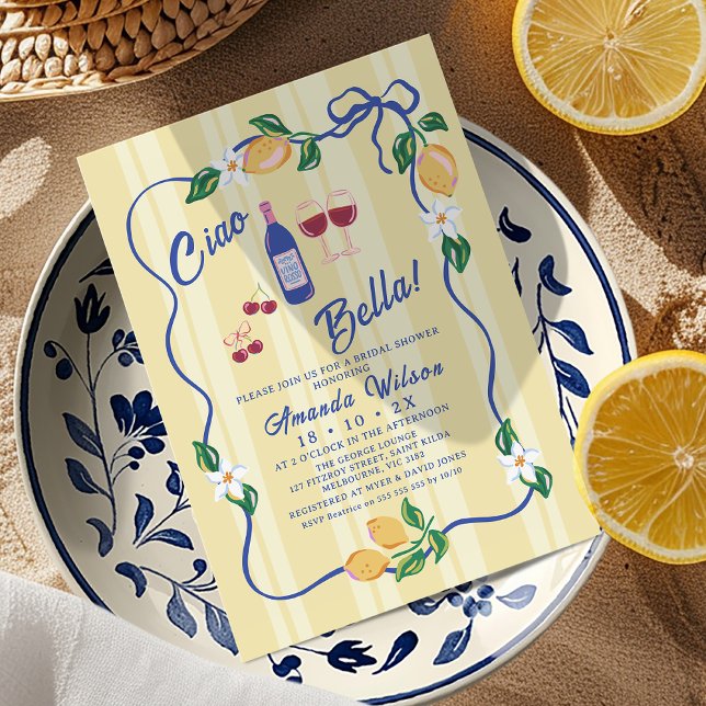 Invitation Whimsical Yellow Strip Ciao Bella Fête des mariées (Ciao Bella Bridal Shower Invitation Template, Italian Ciao Bella Bridal Shower Invite, Whimsical)