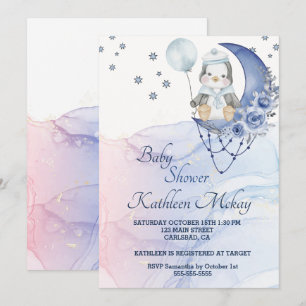 Invitation Whimsland Wonderland Blue Penguin garçon Baby show