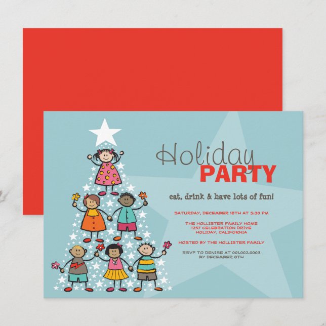 Invitation Whimssal Noël Arbre mignon Enfants Fête de Vacance (Devant / Derrière)