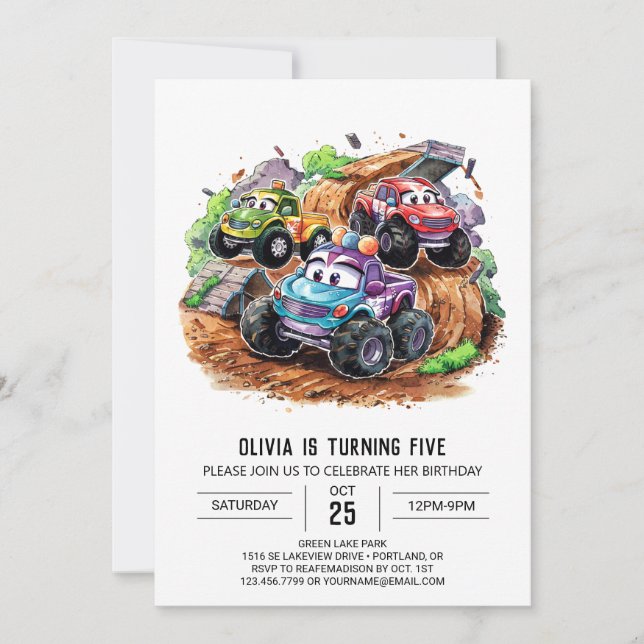 Invitation Whimssical Cute Monster Truck Anniversaire (Devant)