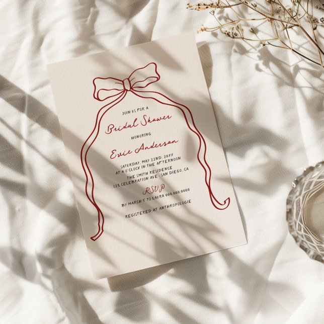 Invitation Whimssical manuscrit Fête des mariées Burgundy Bow (Créateur téléchargé)