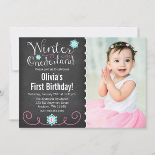 Invitation Whimsski Winter Onederland Photo Anniversaire Turq