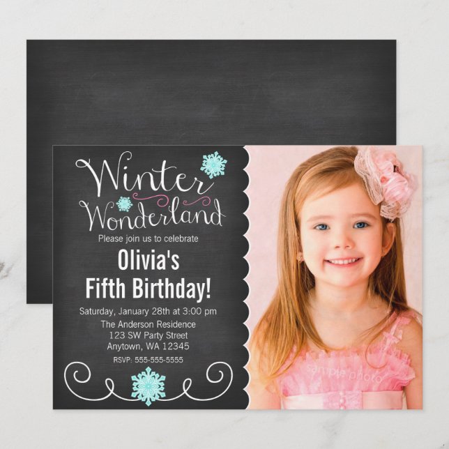 Invitation Whimsski Winter Wonderland Photo Turquoise Anniver (Devant / Derrière)