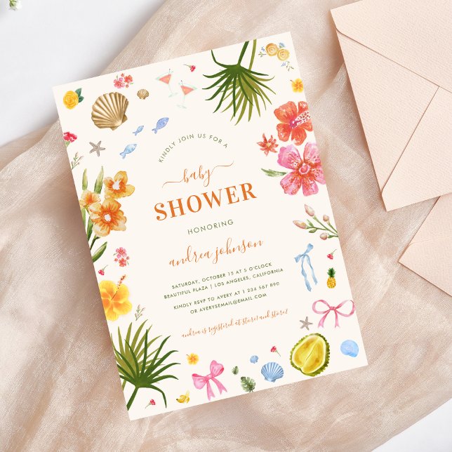 Invitation Whimsy Tropical Shell Coquette Bow Baby shower (Créateur téléchargé)