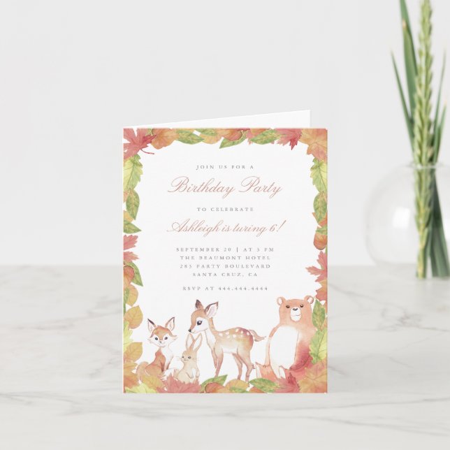 Invitation Whimsy Watercolor Automne Bois Animaux Anniversair (Devant)