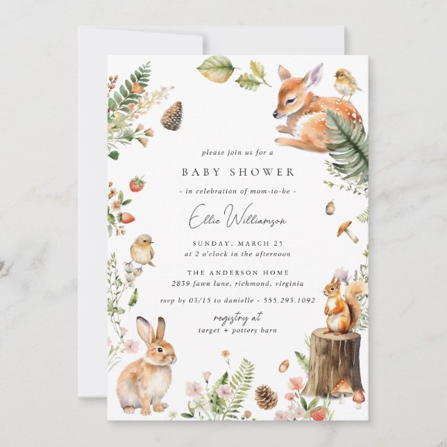 Invitation Whimsy Woodland | Baby shower d'animaux de forêt m (Devant)