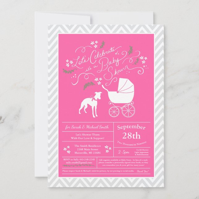 Invitation Whippet Chien Baby shower fille rose (Devant)