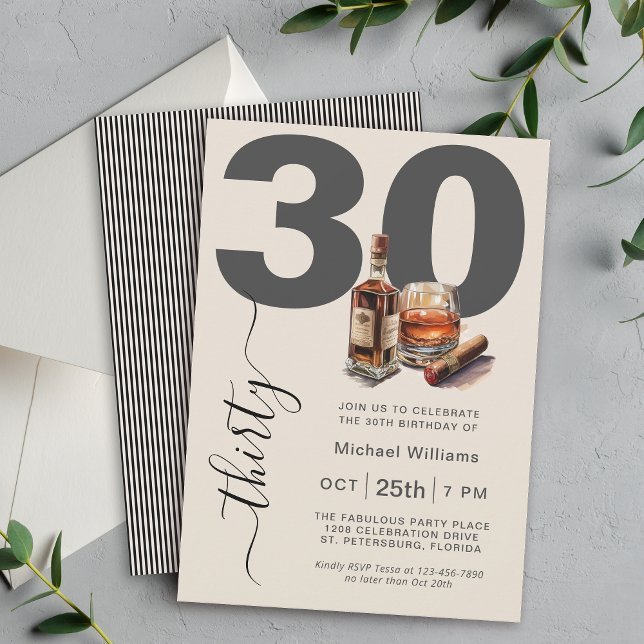Invitation Whiskey et Cigars Masculine 30e fête d'anniversair (Available in both printed and instant download digital formats.)