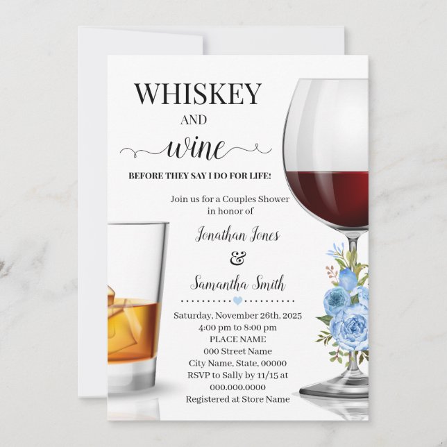 Invitation Whiskey et vin avant de faire wedding shower bleu (Devant)