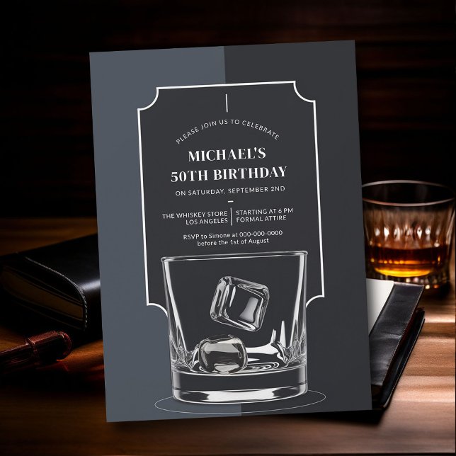 Invitation Whiskey Lover Black Grey Moderne 50e anniversaire (whiskey lover 50th birthday invitation men modern minimalist elegant black white modern)