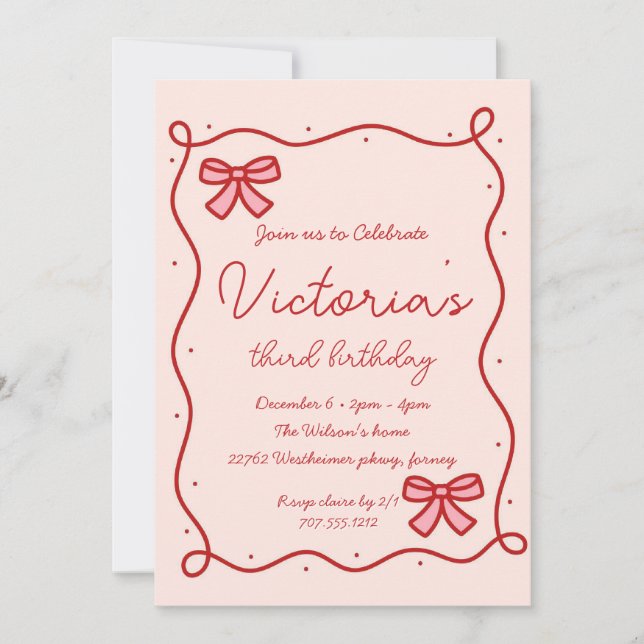 Invitation Whismical Main tiré Bow Girl Anniversaire (Devant)