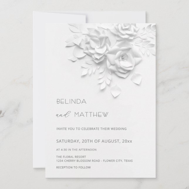 Invitation White 3D Flowers Roses Minimalist Wedding Invitati (Devant)