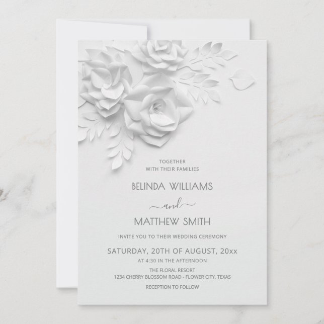 Invitation White 3D Flowers Roses Simple Wedding (Devant)