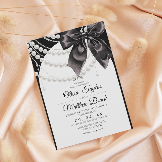 Invitation White and Black Bow Pearls Modern Elegant Wedding (Créateur téléchargé)