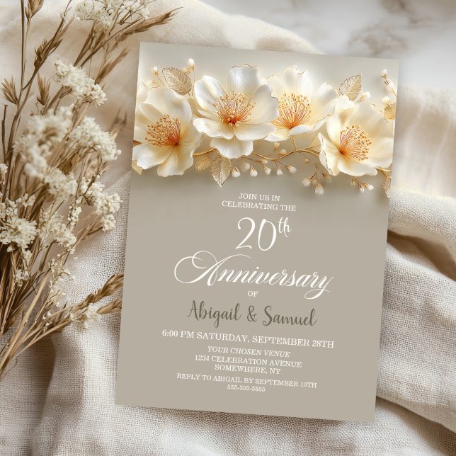 Invitation White and Gold Floral 20th Wedding Anniversary (Créateur téléchargé)