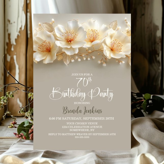 Invitation White and Gold Floral 70th Birthday Party (Créateur téléchargé)