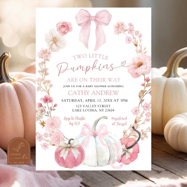 Invitation  White and Pink Bow Coquette Twins Pumpkin Floral  (Créateur téléchargé)