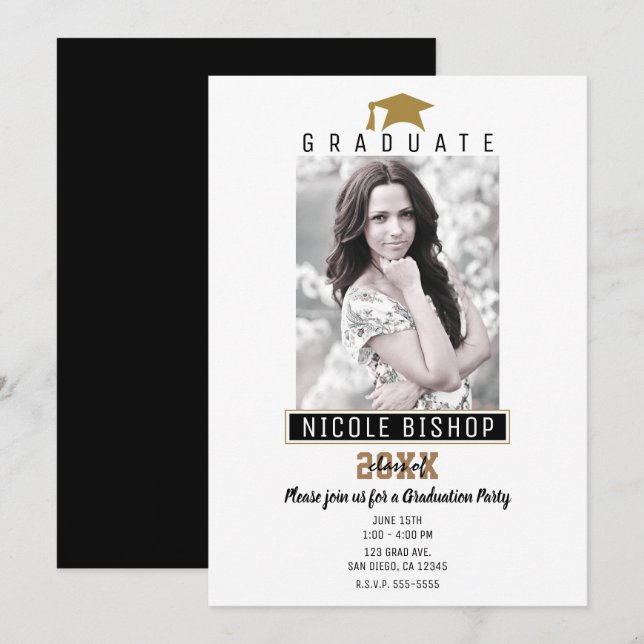 Invitation White Black Gold Modern Graduation Photo Party (Devant / Derrière)