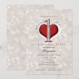 Invitation White Bokeh & Red Valentine Glam 1er anniversaire