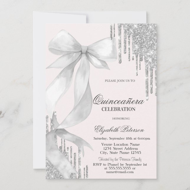 Invitation White Bow Silver Glitter Drips Quinceañera (Devant)