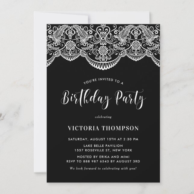Invitation White Brocade Lace Noir fête d'anniversaire (Devant)