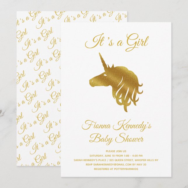Invitation White C'est une fille Unicorn Baby shower Invitati (Devant / Derrière)