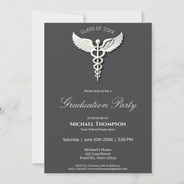 Invitation White Clean Caduceus Médicale Graduation Invitatio (Devant)