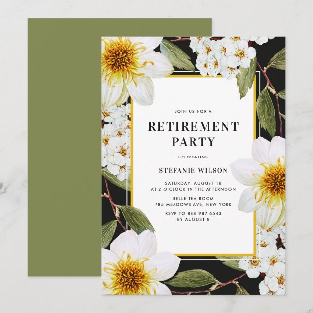 Invitation White Dahlia et Spirea Botanical Retirement Party (Devant / Derrière)