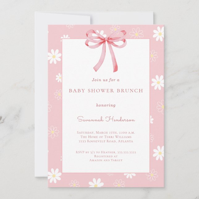 Invitation White Daisies Pink Bow Ribbon Baby Shower Brunch  (Devant)