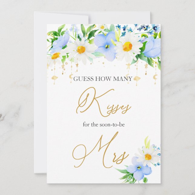 Invitation White Daisy Blue Floral Devinez Combien De Baisers (Devant)