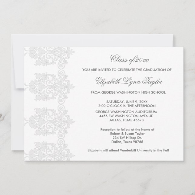 Invitation White Damask White Graduation Annonces (Devant)