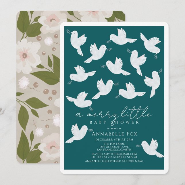 Invitation White Dove Olive Garçon Turquoise Joyeux petit Bab (Devant / Derrière)