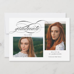 Invitation White Elegant Script 3 Photo Graduation Party